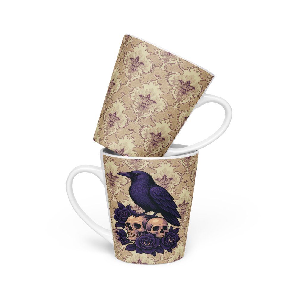 Mug à café latte Corbeau gothique sur crânes & roses – Art dark romantique