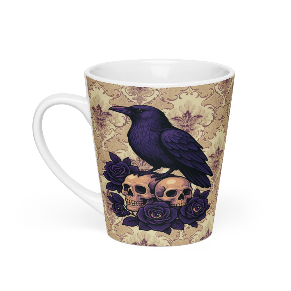 Mug à café latte Corbeau gothique sur crânes & roses – Art dark romantique