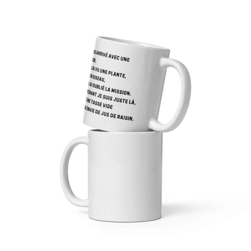 Mug Blanc Brillant – Scénario TDAH -Mission oubliée, tasse vide, envie bizarre